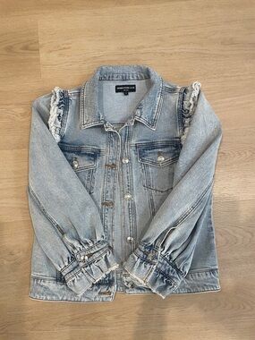 Generation Love Washed Light Blue Denim Jacket with Frayed Shoulder Trim
